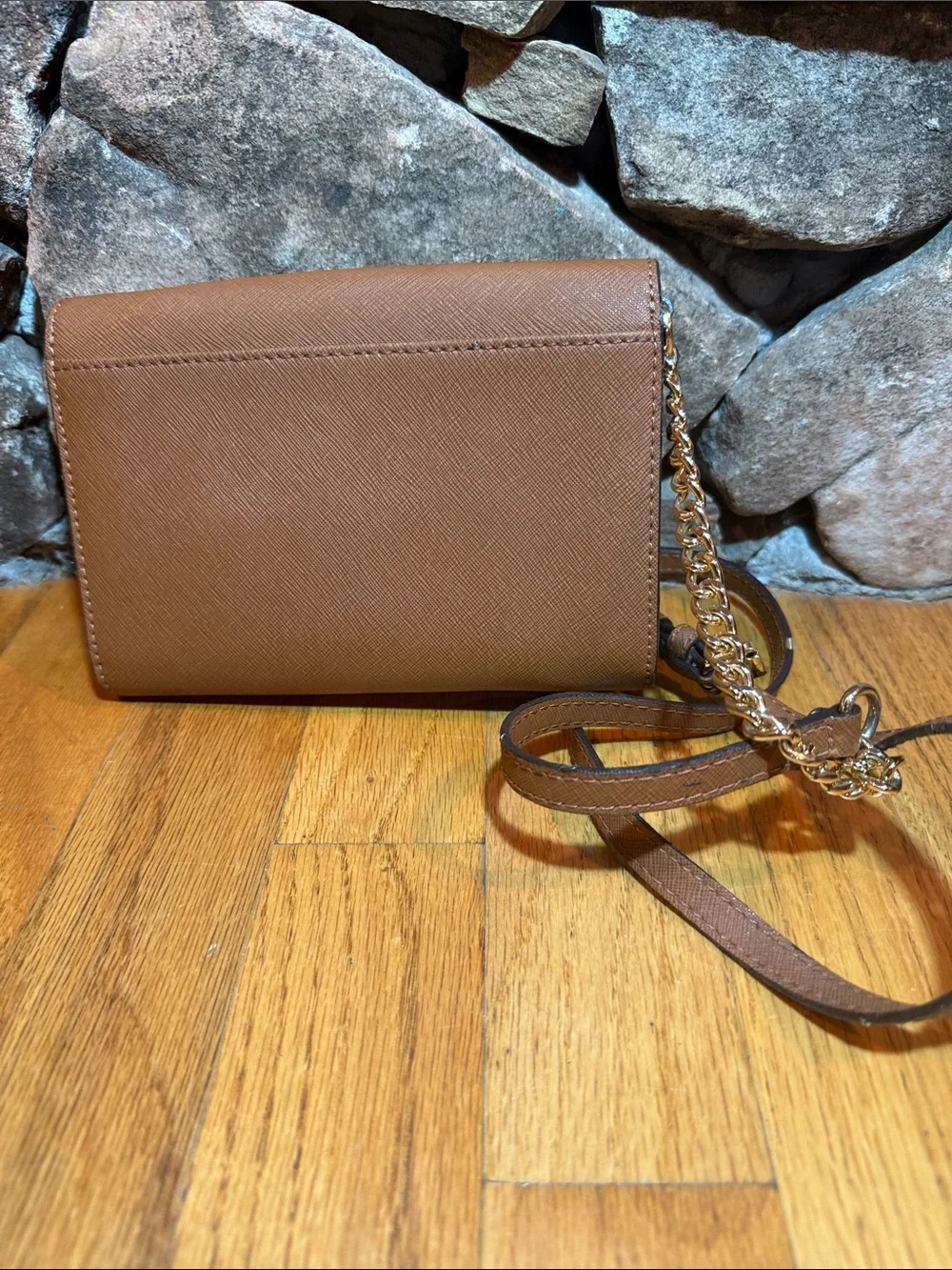 Michael Kors Brown Saffiano Leather Wristlet Clutch with Gold Logo